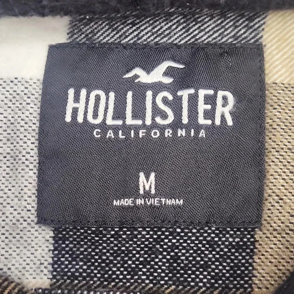 🛍Hollister Hooded Flannel Tan Black White Plaid‎ Button Down Mens Size Medium - Picture 3 of 8